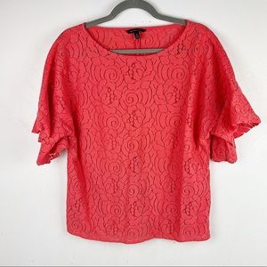 Banana Republic Lace Blouse Boat Neck Bell Sleeve Red Orange Womens Medium